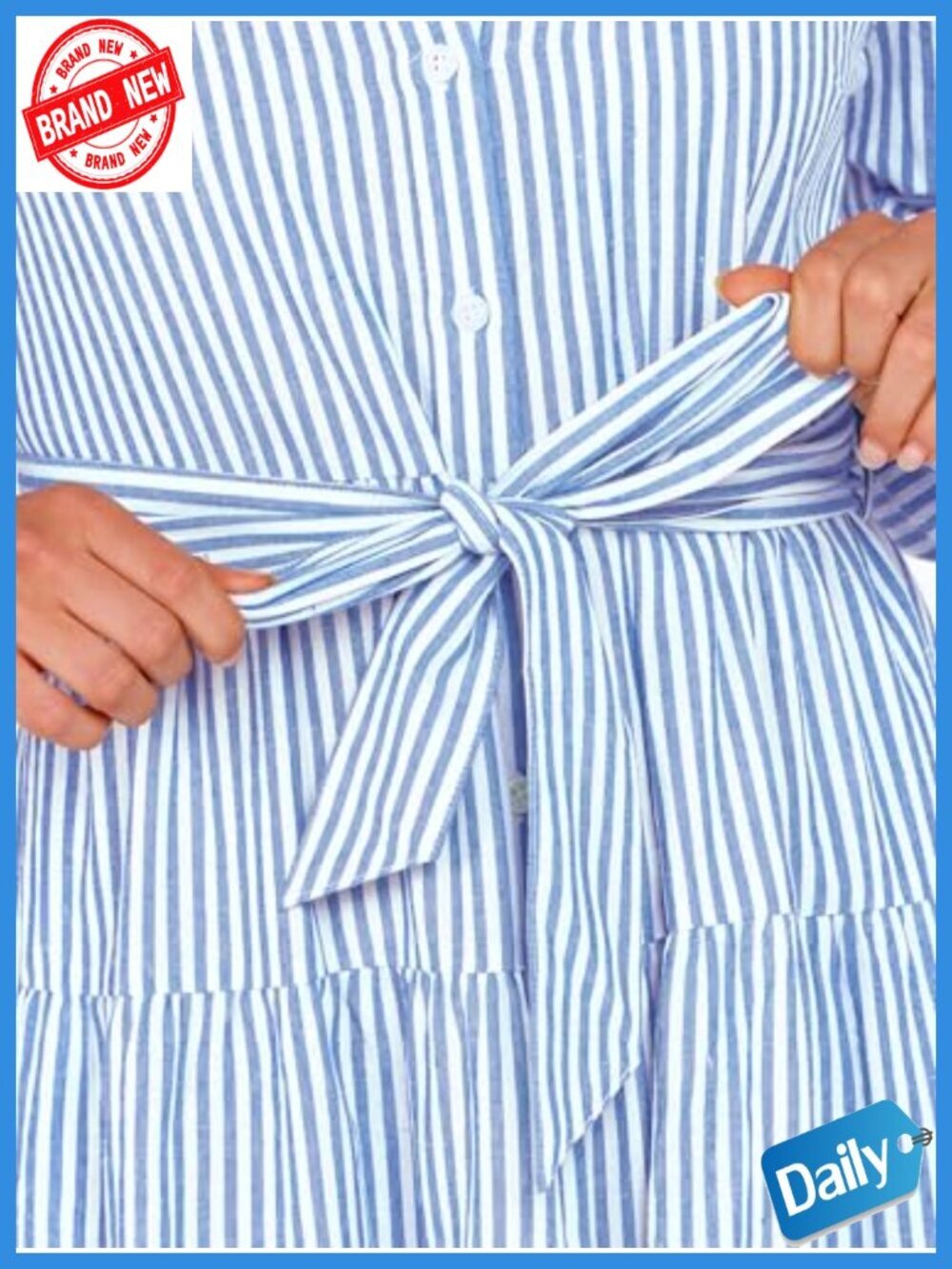 Long Sleeve Striped Flowy Maxi Dress with Button Down Ruffle Hem - Casual - Picture 5 of 6